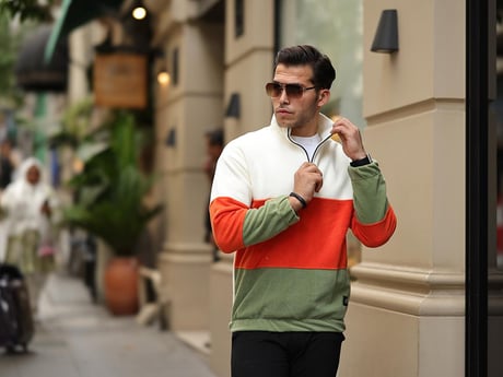 3 Renk Yarım Fermuar Polar Sweatshirt - Ekru/Turuncu/Haki
