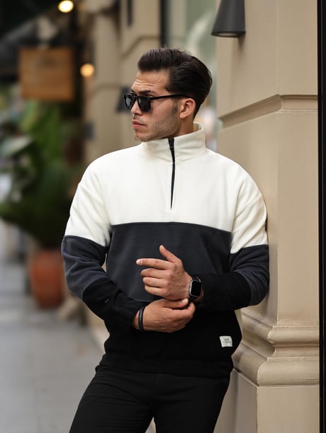 3 Renk Yarım Fermuar Polar Sweatshirt - Ekru/Füme/Siyah