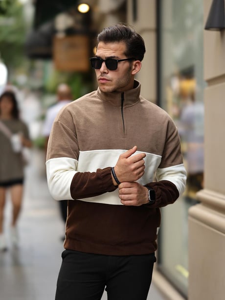3 Renk Yarım Fermuar Polar Sweatshirt - Bej/Ekru/Kahve