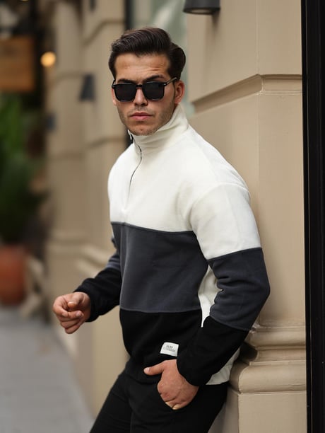 3 Renk Yarım Fermuar Polar Sweatshirt - Ekru/Füme/Siyah