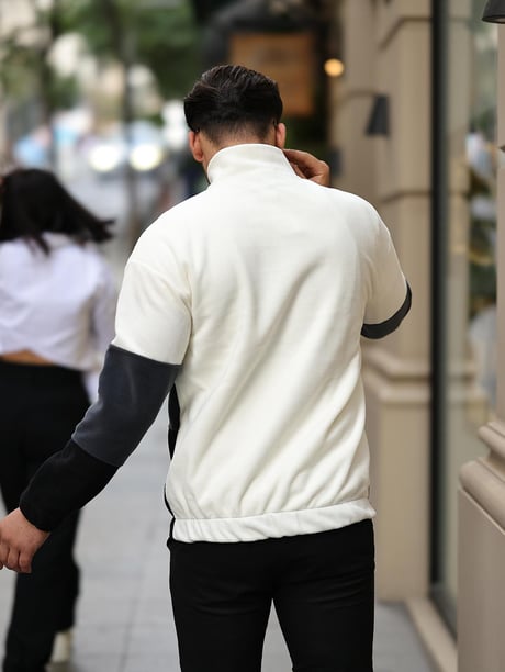 3 Renk Yarım Fermuar Polar Sweatshirt - Ekru/Füme/Siyah