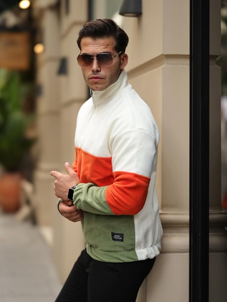 3 Renk Yarım Fermuar Polar Sweatshirt - Ekru/Turuncu/Haki
