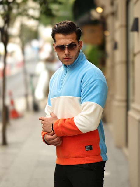 3 Renk Yarım Fermuar Polar Sweatshirt - Bebe Mavi/Ekru/Turuncu