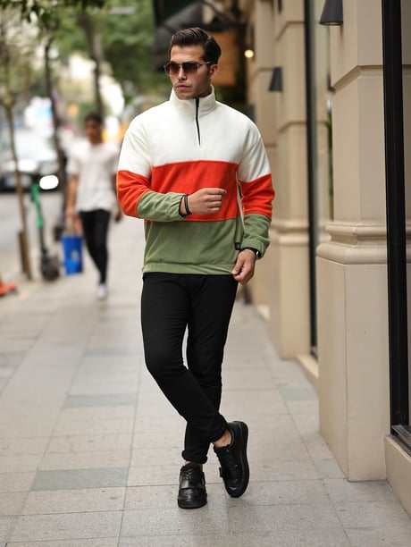 3 Renk Yarım Fermuar Polar Sweatshirt - Ekru/Turuncu/Haki