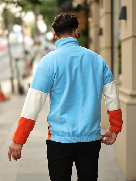 3 Renk Yarım Fermuar Polar Sweatshirt - Bebe Mavi/Ekru/Turuncu