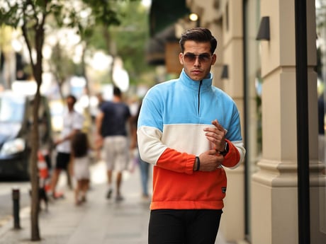 3 Renk Yarım Fermuar Polar Sweatshirt - Bebe Mavi/Ekru/Turuncu