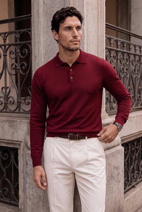 Portofino Premium Düğmeli Polo Yaka İnce Erkek Triko Kazak - Bordo