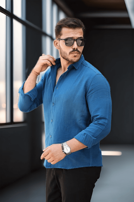 Nefes Alabilir Yarım Oversize Müslin Kumaş Uzun Kol Yakalı Erkek Gömlek - İndigo