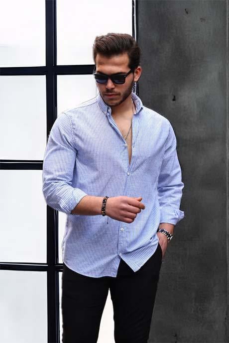 Dik Şerit Çizgili Flamlı Pamuk Gömlek - Mavi