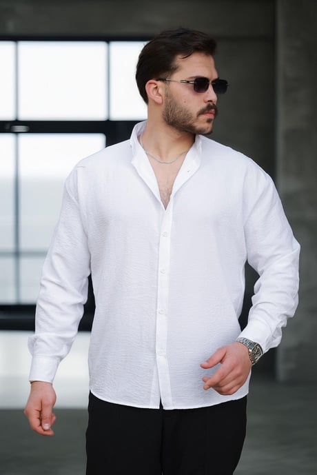 Yumuşak Dokulu Yarım Oversize Erkek Gömlek - Beyaz