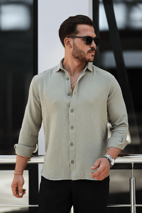 Nefes Alabilir Yarım Oversize Müslin Kumaş Uzun Kol Yakalı Erkek Gömlek - Açık Haki