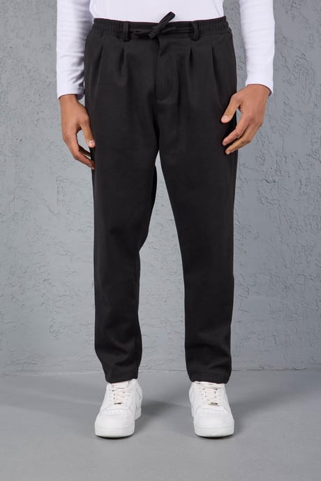 Milos Relax Fit Örme Kaşe Kumaş Fermuarlı Beli Lastikli Jogger Erkek Pantolon - Siyah
