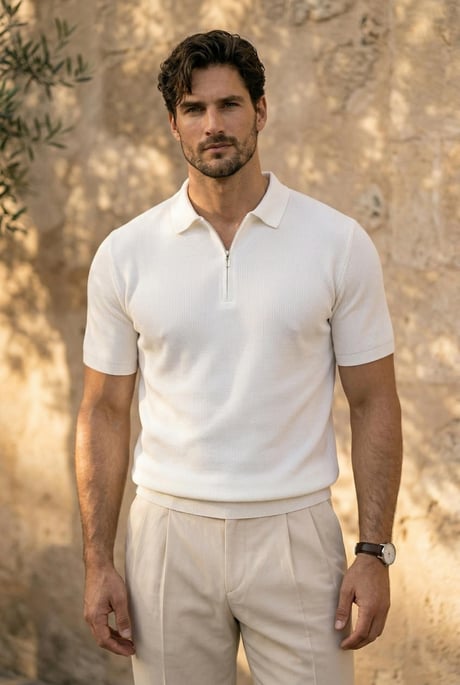 Jeff Selanik Örgü Polo Yaka Yarım Fermuarlı İnce Triko Erkek T-Shirt - Ekru