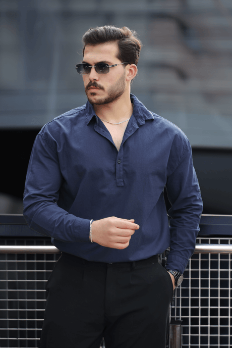 Yarım Pat Yakalı York Pamuk Kumaşlı Uzun Kollu Erkek Gömlek - Lacivert