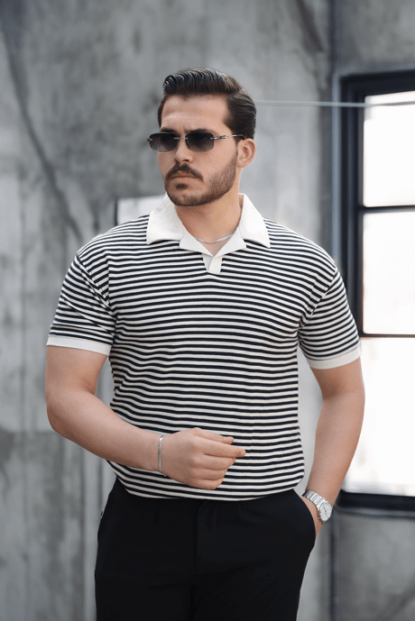Çizgili Örme Desenli Polo Yaka Erkek T-Shirt - Siyah