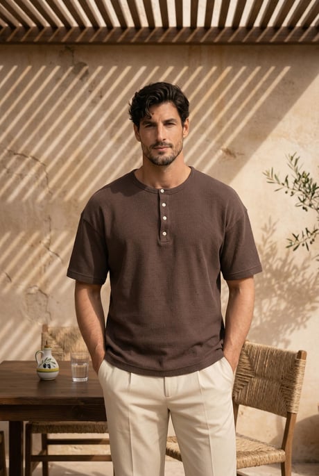 Roth Relaxed Fit Günlük Henley Yaka Waffle Kumaş Yazlık Kısa Kollu T-Shirt - Vizon