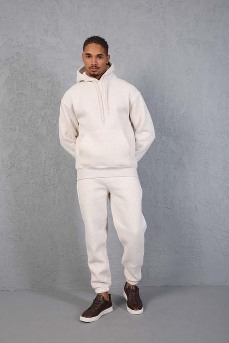 Şardonlu Kanguru Cepli Sweatshirt - 3 İplik Şardonlu Lastik Paça Erkek Eşofman Altı- Eşofman Takımı - Bej