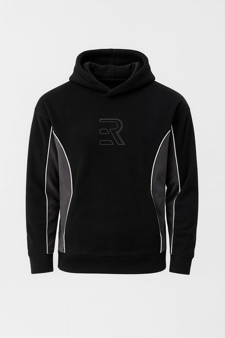 Frank Parçalı Kontrast Desenli Kapüşonlu Oversize Cepli Polar Erkek Sweatshirt - Siyah