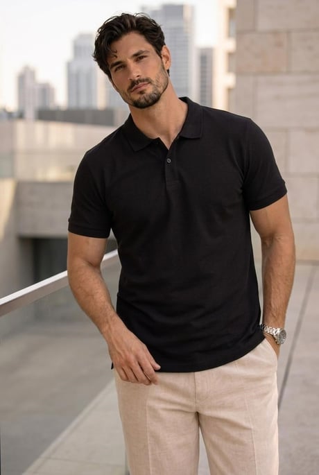 Orlando Polo Yaka Pike Kumaş Relaxed Fit Basic Düğmeli Relaxed Fit Erkek T-Shirt - Siyah
