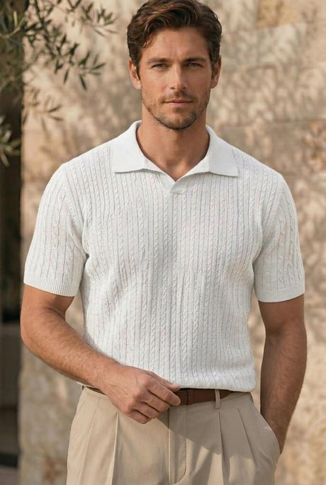 Nestor Saç Örgü Desenli Polo Yaka Regular Fit Örme İnce Triko Erkek T-Shirt - Ekru