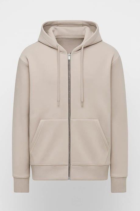 İçi Peluş Üç İplik Kumaş Oversize Fermuarlı Kapüşonlu Sweatshirt - Kum Beji