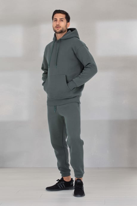 Şardonlu Kanguru Cepli Sweatshirt - 3 İplik Şardonlu Lastik Paça Erkek Eşofman Altı- Eşofman Takımı - Çam Yeşili