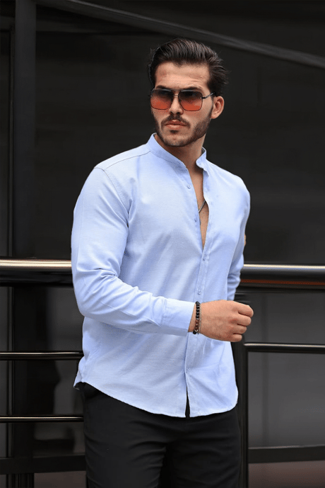 Hakim Yaka Oxford Kumaş Uzun Kol Gömlek - Mavi