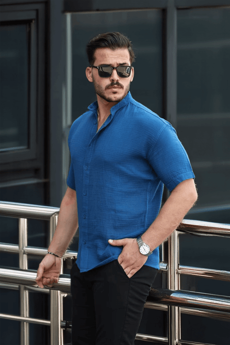 Hakim Yaka Müslin Kumaş Kısa Kol Gömlek - İndigo