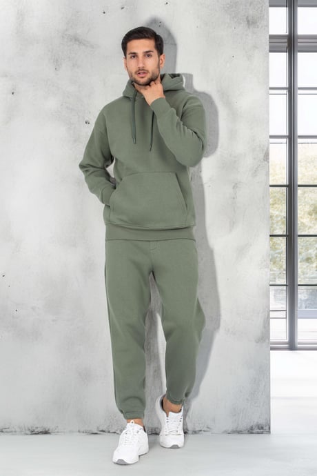 Şardonlu Kanguru Cepli Sweatshirt - 3 İplik Şardonlu Lastik Paça Erkek Eşofman Altı- Eşofman Takımı - Avcı Yeşili