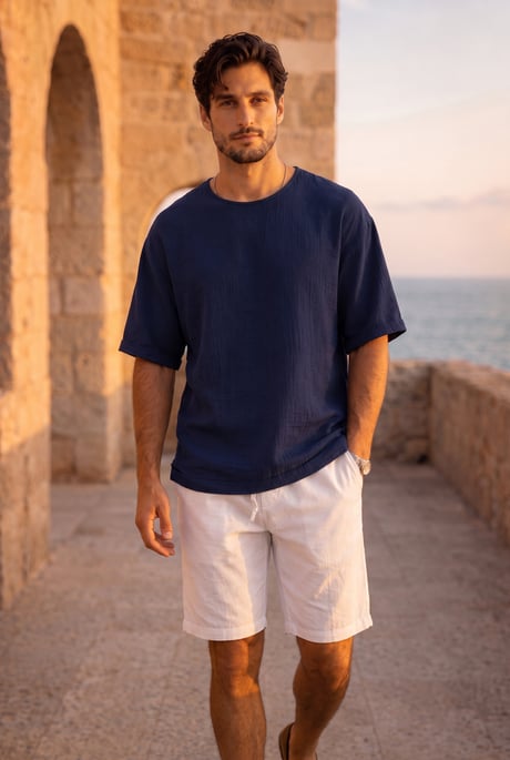 Godard Relax Fit %100 Pamuk Müslin Kumaş Duble Kol Bisiklet Yaka Erkek T-Shirt - Lacivert