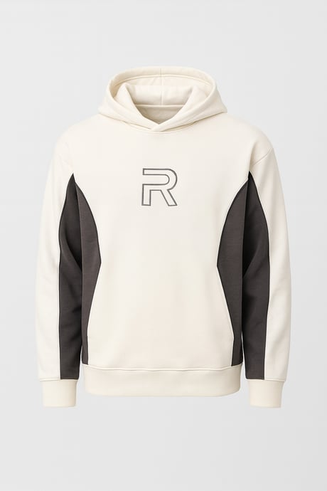 Frank Parçalı Kontrast Desenli Kapüşonlu Oversize Cepli Polar Erkek Sweatshirt - Ekru