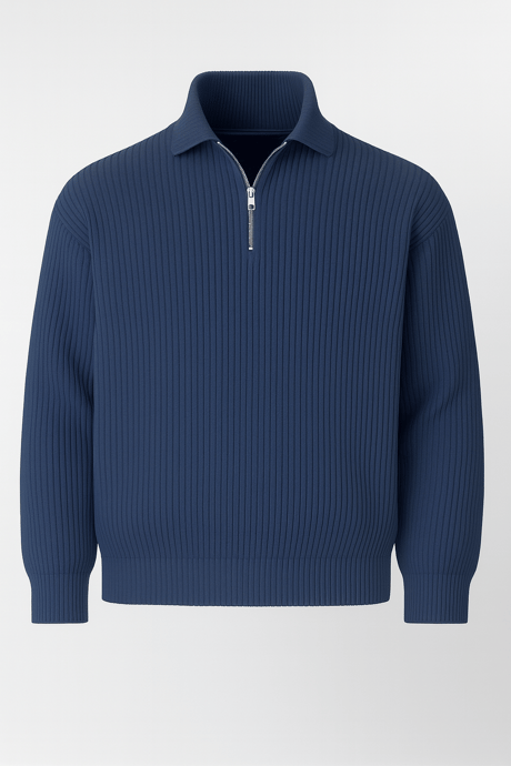 Gibson Oversize Yarım Fermuar Gömlek Polo Yaka Selanik Örme Erkek Triko Kazak - İndigo