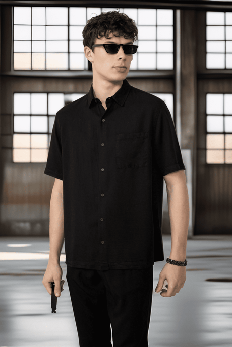 Tek Cepli Pamuk Kumaş Doğal Dokulu Oversize Erkek Gömlek - Siyah