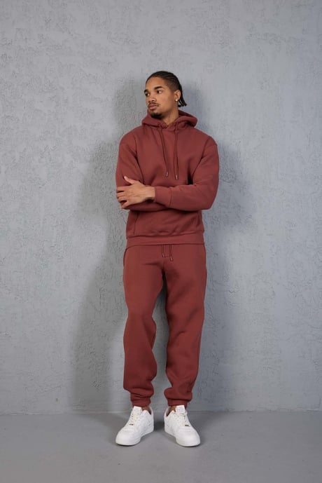 Şardonlu Kanguru Cepli Sweatshirt - 3 İplik Şardonlu Lastik Paça Erkek Eşofman Altı- Eşofman Takımı - Kiremit