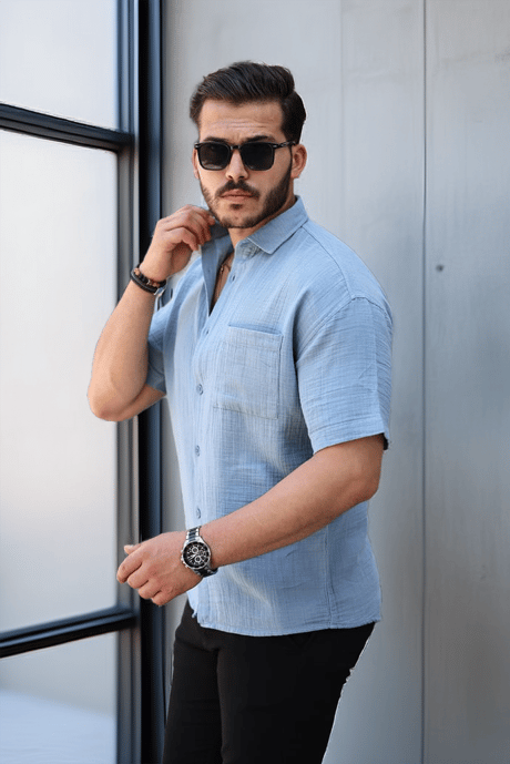 Müslin Kumaş Tek Cepli Gömlek- Soğuk Mavi