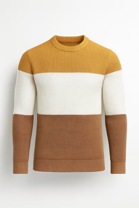 Parça Desen Bisiklet Yaka Erkek Kazak - Bej