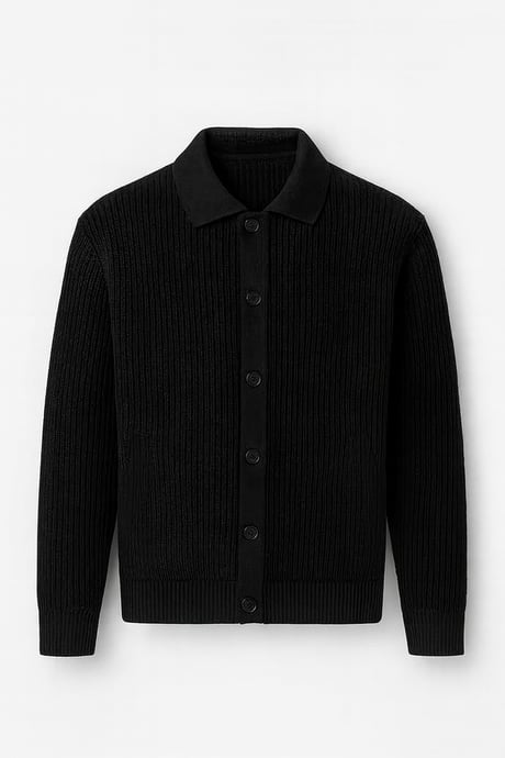 Oversize Selanik Örgü Düğmeli Erkek Hırka-Siyah