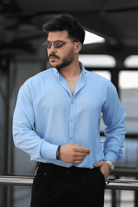 Pera Kumaş Keten Görünümlü Yarım Oversize Uzun kollu Erkek Gömlek - Açık Mavi