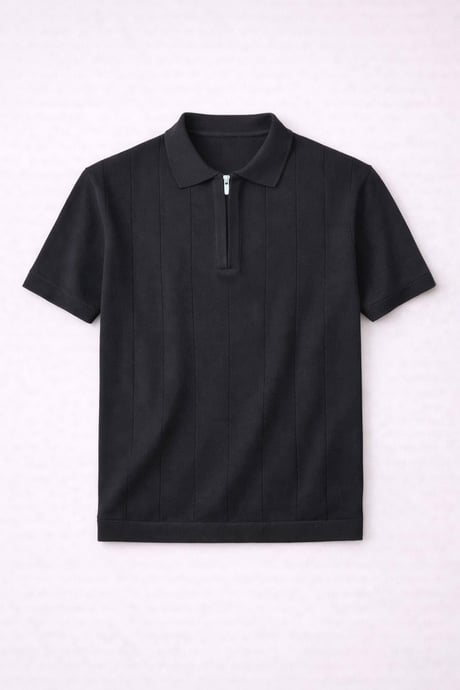 Ritchie Fermuarlı Polo Yaka Dikey Çizgili Kısa Kollu İnce Triko Erkek T-Shirt - Siyah