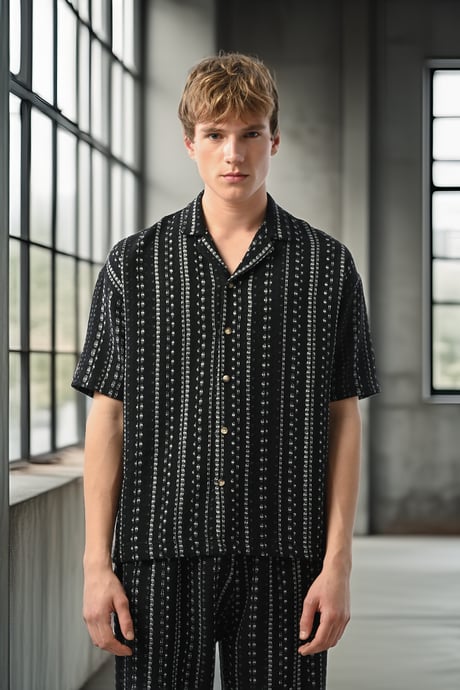 Bohem Çizgili Örme Kumaş Erkek Gömlek - Siyah