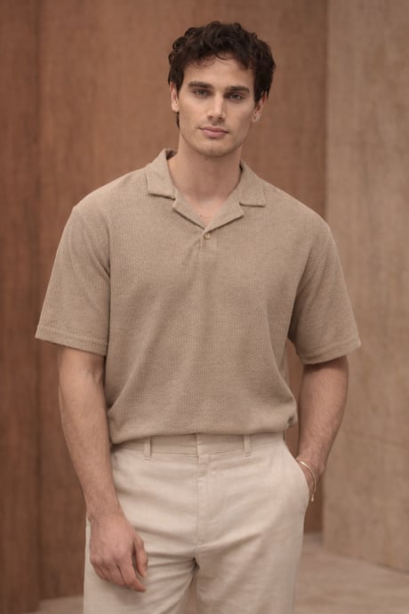 Aretus Şönil Kumaş Regular Fit Tek Düğmeli Polo Yaka Erkek T-Shirt - Bej