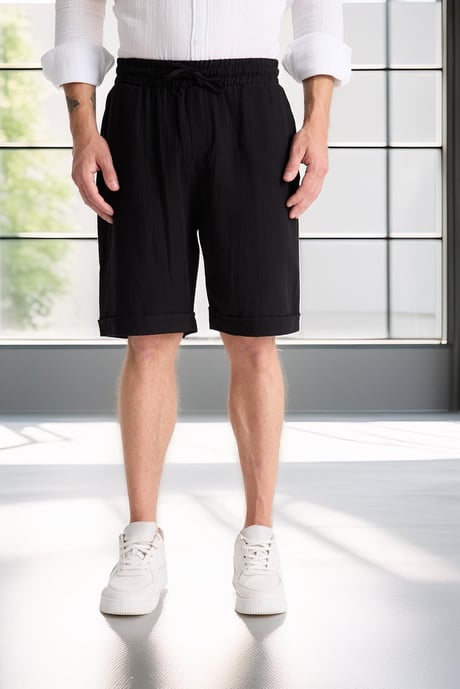 Hafif ve Rahat Duble Paça Müslin Erkek Şort - Siyah