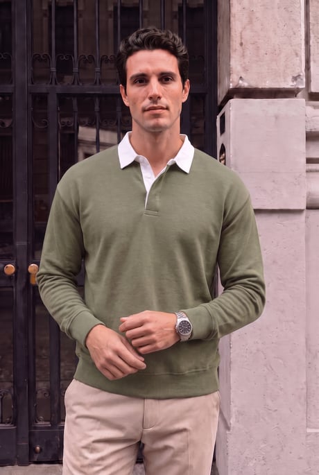Luis Polo Yaka Selanik Örme Kumaş Erkek Sweatshirt - Açık Haki