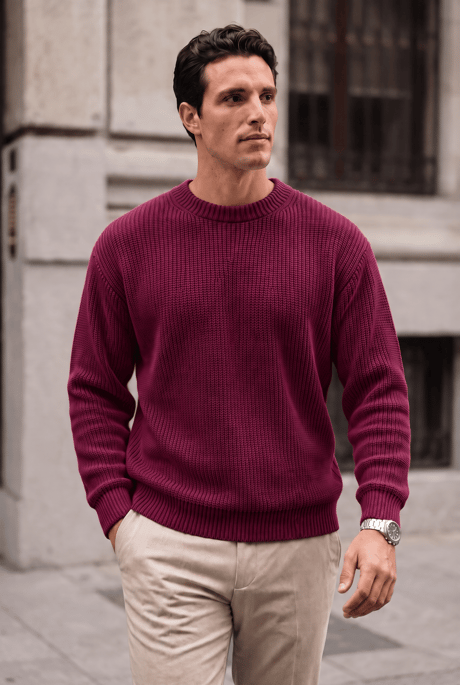 Pilar Anti-Peeling Tüylenmez Oversize Selanik Örgülü Bisiklet Yaka Erkek Triko Kazak - Bordo