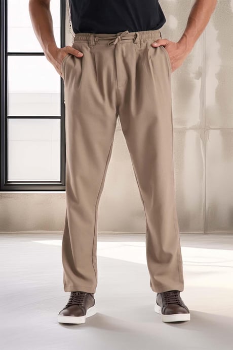 Bezayağı Kumaş Relax Fit Duble Paça Jogger Pantolon - Vizon