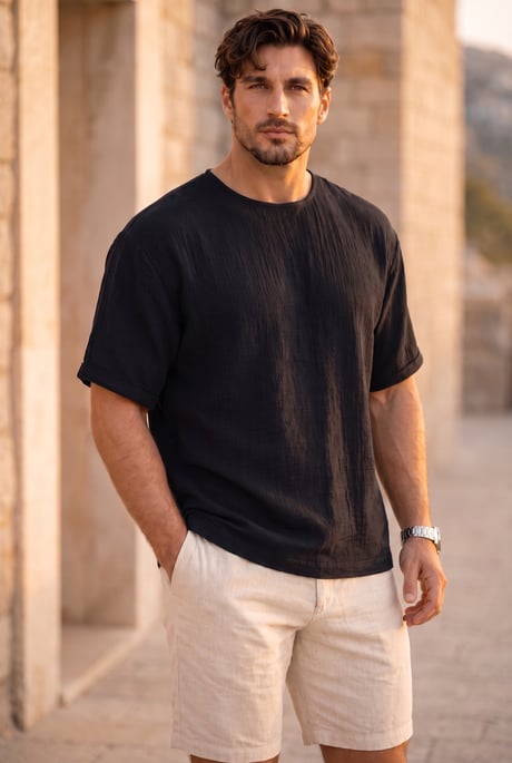 Godard Relax Fit %100 Pamuk Müslin Kumaş Duble Kol Bisiklet Yaka Erkek T-Shirt - Siyah