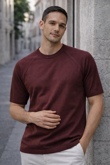 Beckett Reglan Kol İnce Triko Kısa Kollu Erkek T-Shirt - Bordo