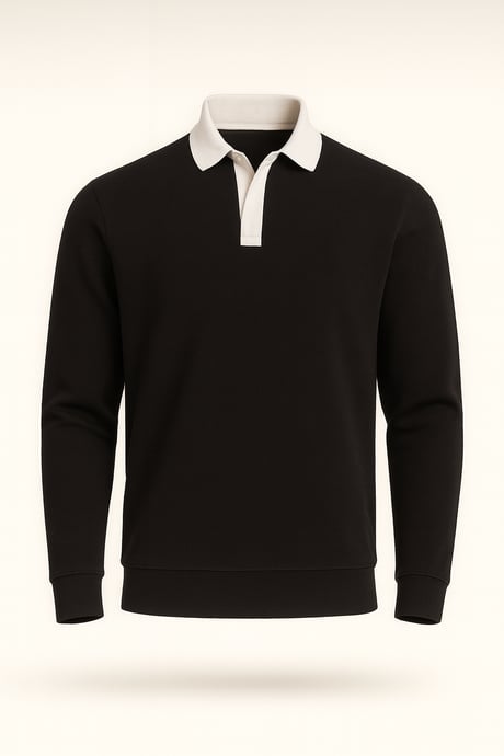Luis Polo Yaka Selanik Örme Kumaş Erkek Sweatshirt - Siyah