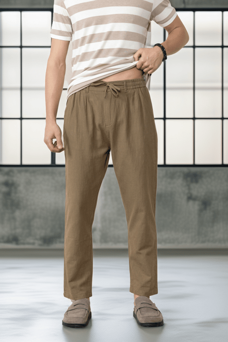 Pamuk Flamli Rahat Kalıp  Düz Paça Jogger Erkek Pantolon - Orta Vizon