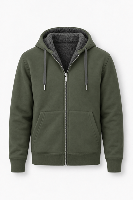 İçi Peluş Üç İplik Kumaş Oversize Fermuarlı Kapüşonlu Sweatshirt - Çam Yeşili 